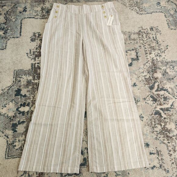 Land n Sea Pants - Land 'n Sea Wide Leg Pants Womens L Linen Blend Elastic White Beige Stripes